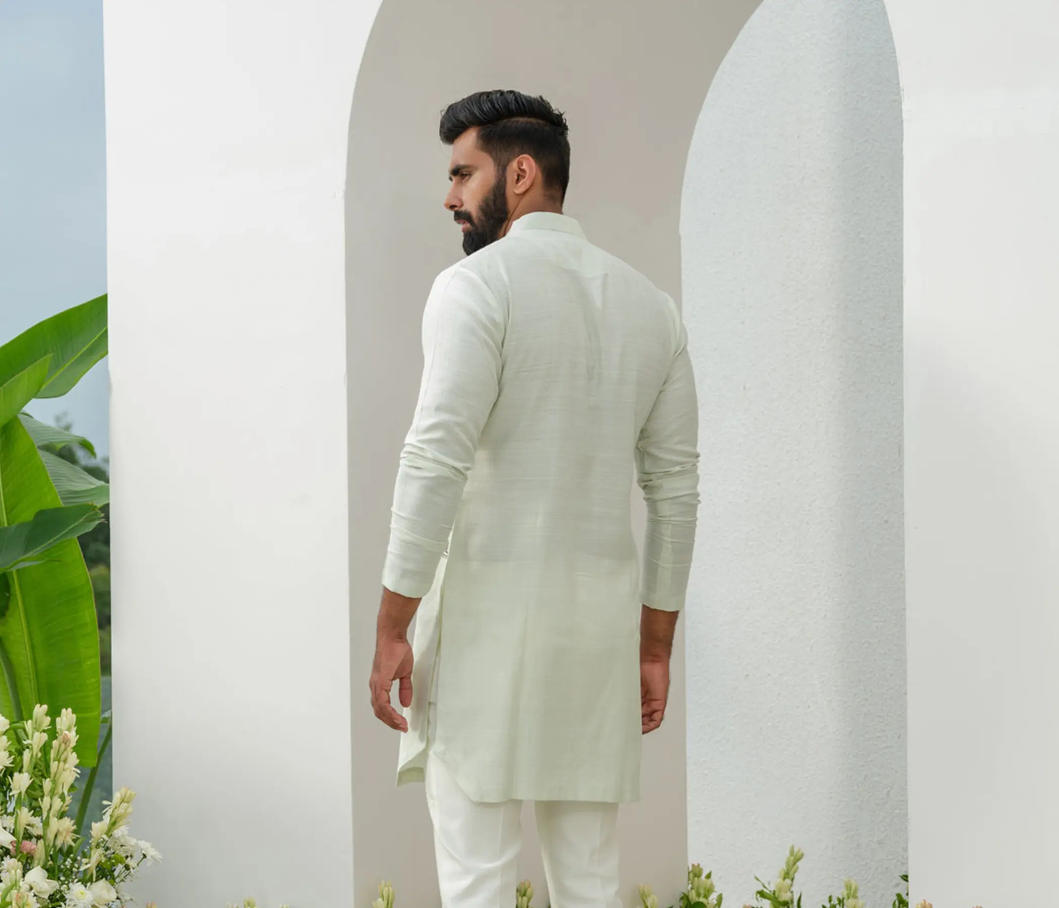 Men's Hand Painted Pastel Mint Green Tussar Silk Kurta Pajama Set